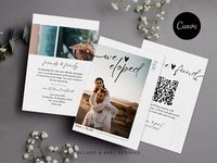 "These ELOPEMENT TEMPLATES are DIGITAL TEMPLATES ONLY which are easily editable via CANVA (FREE). Nothing physical is shipped to you.  This elopement announcement card is a simple yet sincere way to let your loved ones hear the great news from you! After the \"I dos\" have been said, what better way to celebrate than with your family and friends. Quickly personalize this elopement after party invite with your beautiful photos. For people who wish to shower your marriage with gifts, I have included a Honeymoon Fund Sign wich you can easily customize with your own Venmo QR code using Canva Free. Please check the photos or description for instructions. :) I have personally designed these templates for couples who chose to celebrate their union in the most beautifully intimate way. This bundle