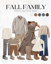 Collage of outfit inspiration for a family photo shoot, featuring a coordinated color palette of soft brown, khaki, cream, powder blue and camel. Family picture outfit inspiration for options for women's dresses, coordinating girl and boy options for baby, child and teen and mens outfit.