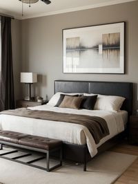 Incorporate masculine vibes into your bedroom by hanging abstract artwork on the walls. Add a leather upholstered bed frame and complement it with industrial-style metal nightstands for a sleek and stylish look.