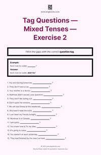 Fill in the gaps with the correct question tag. Follow the link to download this worksheet FREE. Print-friendly. Answer key available. #english #englishgrammar #eslworksheets #esl #eslwebsite #tagquestions #tagquestion #engblocks