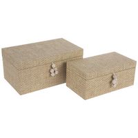 Add some stylish storage to your coastal or boho-inspired space with this Beige Woven Wood Box Set. This pair of MDF boxes is blanketed with a pattern similar to a woven basket. Their hinged lids have a loop of cream-colored yarn strung with whitewashed wood beads that hangs out the front of the box. The interior of each box is lined with black fabric. Cut back on clutter while complementing the breezy style of your space. Note: The individual sizes are not available to purchase separately onlin