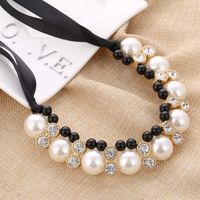 Faux Pearl Rhinestone Ribbon Necklace Simulated Pearl Pendant Size 3-10 Cm Length 35-70 Cm.