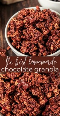 Sweet, chocolate-y clusters made with healthy rolled oats and nuts, this Chocolate Granola is my FAVORITE granola recipe! I make this over and over again in my house for myself and my kids, to grab handfuls of or put on top of yogurt. Gluten-free, dairy-free and easily made vegan too.