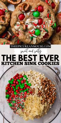 These are the best Kitchen Sink Christmas Cookies! Sweet and salty and filled with crunchy pretzels, potato chips, M&M's, white chocolate chips and holiday sprinkles. These cookies are completely customizable, so use your favorite mix-ins to create the perfect cookie.