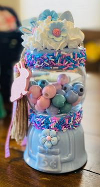 4 glass hobby lobby bubble gum machine decorative pieces for your tier tray.  Non edible  Fake bake  Baby blue  Pink with beads  Pink with eggs White cross Pink with chic