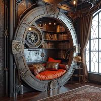 Discover the perfect blend of vintage aesthetics and modern comfort with our collection of steampunk reading nooks. These unique spaces are designed to transport you to another time while providing a cozy and inviting atmosphere for reading. With their intricate gears, brass accents, and leather upholstery, these reading nooks are a steampunk enthusiast's dream come true. Our steampunk reading nooks are sure to be a conversation starter in your home. #steampunk #readingnook #timetraveler