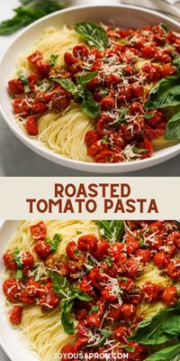 Roasted Tomato Pasta - healthy, fresh and easy Italian pasta dinner recipe for the Spring and Summer. Angel hair pasta tossed in garlic roasted cherry tomatoes, fresh basil and parmesan cheese. Great for a quick and yummy weeknight meal. #pasta #tomato #angelhair #basil #parmesan #easydinner #healthydinner #recipe #joyousapron