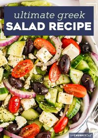 This perfect Greek salad comes together in just 10-15 minutes, and uses a homemade Greek dressing that's so much better than anything from a bottle. Perfect with lettuce or without, it's a delicious summer salad, and a great use for seasonal produce! #salad #greek #homemade