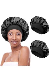 Pack of 2 Satin Bonnet Night Sleep Hat Adjustable Sleeping Cap Headgear Soft Head Cover Sleep Cap Silk with Elastic Band for Women and Girls