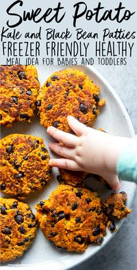 These Sweet Potato, Kale and Black Bean Patties are an easy way to get picky toddlers to LOVE eating vegetables! This healthy toddler meal idea can be made ahead of time, is freezer friendly, and perfect for baby led weaning. | healthy baby food recipes | vegetable recipes for babies and toddlers | 1 year old food ideas