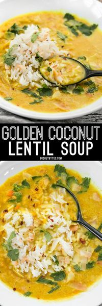 Golden Coconut Lentil Soup is a light and fresh bowl with vibrant turmeric and a handful of fun toppings. /budgetbytes/