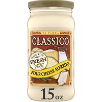 Deliver authentic Italian flavor to your family’s favorite recipes with Classico Four Cheese Alfredo Pasta Sauce. Our ready-to-use sauce is easy to prepare and offers a rich, flavorful taste. Our sauce combines fresh cream with ricotta, parmesan, romano and asiago cheese. Simply simmer and serve our creamy and cheesy sauce with your favorite pasta for a delicious meal. Use our gluten-free white sauce on your chicken alfredo, shrimp pasta or fettuccine alfredo. Be sure to refrigerate our 15-ounce