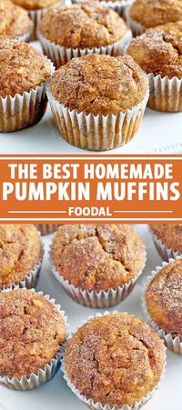 With sugar, spice, and everything nice, these perfect pumpkin muffins are not overpoweringly sweet, and have a super moist center with flecks of cinnamon and sugar on top. Learn how to make the recipe so you and the family can enjoy them during any fall morning. #pumpkinrecipes #muffin #foodal