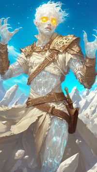 A being of glimmering crystal flesh and luminous eyes hovers in a bright alpine realm. White-gold armor etched with intricate knots wraps elegantly around a transparent torso, each facet catching sunlight. Sculpted leather straps and carved insignias anchor this magic character concept art vision, merging fantasy race nobility with otherworldly radiance. Rocky peaks and airy blue skies frame a figure whose body refracts shifting hues, each angle revealing subtle inner gleams. Beyond polished metal buckles lie whispers of magical characters born of light and mineral. This aesthetic tapestry combines pristine clarity and dnd magic characters grace, forging a transcendent crystalline presence under endless daylight.