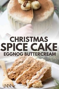 Perfect holiday cake! Three layers of ultra moist spice cake cloaked in fluffy eggnog buttercream frosting topped with sweet white chocolate ganache. Homemade spice cake is the perfect pairing for sweet frosting. This Christmas spice cake is sure to impress the lucky guests who eat it! #spicecake #Christmascake #holidays #christmasdesserts #eggnog #buttercream