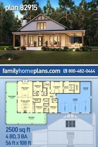 Barndominium, Country, Farmhouse, Traditional Style House Plan 82915 with 2500 Sq Ft, 4 Bed, 3 Bath, 3 Car Garage