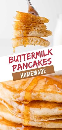 Homemade buttermilk pancakes are just like restaurant pancakes: thick, fluffy, and buttery. They’re made from scratch!