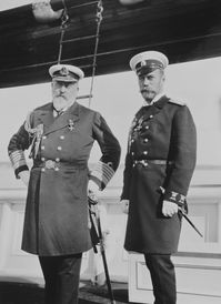 King Edward VII and his nephew Tsar Nicholas II on board the Imperial Yacht Standart, at Reval, Russia, 1908