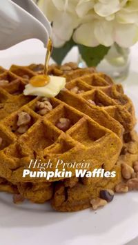 These hearty whole wheat healthy pumpkin waffles are protein-packed and full of warm spices including cinnamon, nutmeg, and ground cloves.