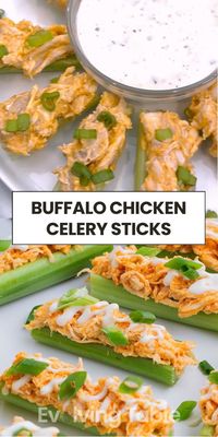 Buffalo Chicken Celery Sticks are a low-carb favorite for Super Bowl and game day parties! Celery sticks are loaded up with spicy chicken that's coated in a homemade buffalo wing sauce and then drizzled with ranch dressing. These cute bite-sized appetizers are so quick and easy to prep ahead and store in the refrigerator until ready to serve!