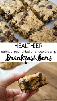 Everything you need for breakfast: oats, peanut butter and a little bit of chocolate! These Healthier Oatmeal Peanut Butter Chocolate Chip Breakfast Bars are low in sugar and so filling!