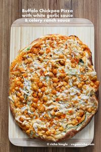 Buffalo Chickpea Pizza with White Garlic Sauce and Celery Ranch Dressing. Vegan Recipe - Vegan Richa