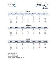 Free quarterly calendar for Aruba with holidays. Holiday calendars in PDF, Word, and Excel are printable and easy to customize.