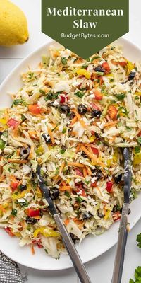 This bright and fresh Mediterranean Coleslaw has a light lemony dressing (no mayo!) and a medley of crunchy and colorful vegetables. BudgetBytes.com