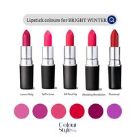 Bright Winter lipsticks are fuchsia, reds and purple shades. Avoid warm colours like orange and yellow based reds. . . . Bright winter lipstick examples. . . . #brightwinter #clearwinter #colouranalysis #coloranalysis #highcontrast #highcontrastmakeup