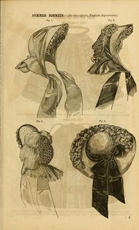 Godey's lady's book 1861 July. Summer Bonnets. (descr p. 95 of bk) Fig 1 - Leghorn bonnet, with a wide green ribbon laid plainly over it; on the left side is a large bunch of lilacs; ruche of violet crape in the inside of the bonnet, but not extending down the sides. Fig 2 - Leghorn bonnet, with fancy open crown, trimmed with black ribbon and scarlet flowers; the cape and front of bonnet are bound with scarlet velvet. Fig 3 - Fancy straw bonnet, with edge of front bound with black velvet...