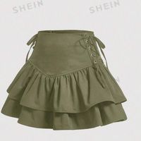 Mini Skirt/ Regular Fit ( Small) Green High Waisted Tiered Layer, Knot, Ruffle Hem Woven Fabric -Shein10/10 Brand New!