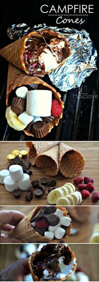 Campfire Cones filled with marshmallows, chocholate, bananas and so much more. You'll love this treat. (Fun & Easy, Oh So Yummy Summer Dessert)