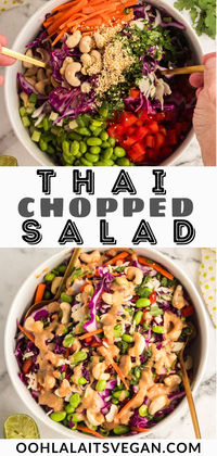 This Thai Chopped Salad is drenched in a spicy peanut dressing and is the best summer salad ever. Naturally vegan and vegetarian,this is one of the best Thai Cabbage Salad recipes ever. Although already high protein, you can add crunchy chickpeas or tofu to make it even more protein-packed. A Thai salad with peanut dressing ready in less than 15 minutes. The best of vegan dinner recipes, vegan lunch recipes or vegan snacks. #thaisalad #vegandinnerrecipes #vegetarian #saladrecipes #healthy