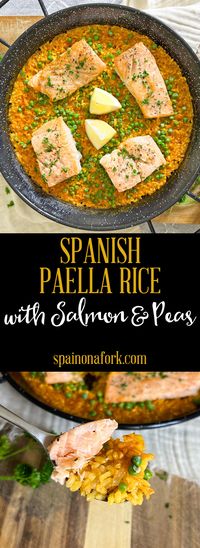 This Spanish Paella Rice with Salmon & Peas is filled with flavors, super easy to make and all done in about 30 minutes. Serve it next to a garden salad, crunchy baguette and a bottle of Spanish white wine from the region of Alicante for the ultimate meal.