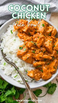 Quick and easy high-protein Coconut Chicken Rice Bowls are perfect for my gluten-free, dairy-free friends! #highprotein #chickenbreast #dairyfree #glutenfree #healthydinners #dinner #antiinflammatory