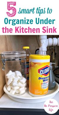 Learn how to organize cleaning supplies under the kitchen sink and eliminate clutter with these cheap storage ideas and helpful tips. Even if you have awkward pipes or are working with a garbage disposal, these simple solutions using a lazy susan and dollar store supplies will make spring cleaning easier. Time to get the cleaning products under your under sink organized! #springcleaning #kitchenorganization #kitchenstorage #kitchenhacks via @nopressurelife