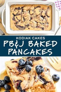 Use my favorite store-bought pancake mix and just four other ingredients to create Kodiak Cakes Peanut Butter & Jelly Baked Pancakes! Great for brunch or to make-ahead for the week's breakfasts. No flipping required! #bakedpancakes #kodiakcakes