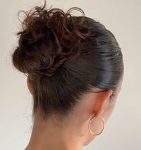 slickback bun, curly hairstyle, 3a hair, gold hoop, brown hair, aesthetic