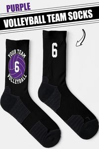 Make your own custom high-performance athletic crew socks for volleyball players and teams with purple team colors! Just click to personalize the template and type your own volleyball team name and volleyball player jersey number in the custom text boxes. You can also use the customization tools to change the color of the sock (currently set on black). Makes a great team gift for volleyball teams with purple team colors, especially high school and college volleyball teams!