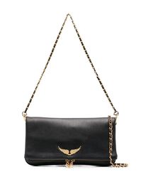 This Zadig&Voltaire shoulder bag is crafted from black calf leather. It features gold-tone hardware, a gold-tone logo plaque, a chain-link shoulder strap, a foldover top with magnetic fastening, and a main compartment. It can be worn on the shoulder or crossbody.