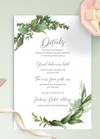 Green Floral Wedding Details Card was created using a beautiful font and neat elements of decoration. Browse the collection of templates and choose the design that will match both your personality and theme. Change the text directly in browser to create your personalized template. #wedding #cards #template #details