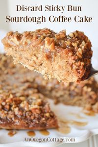 Delicious & easy recipe for sticky bun sourdough coffee cake is a great way to use your sourdough discard! The caramel-nut topping reminds you of a sticky bun, but a lot easier to make.