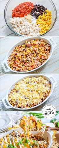 Kids FAVORITE Dinner! This Mexican Chicken Casserole has all of your favorite Mexican flavors in one easy to make dinner! Filled with shredded chicken, salsa, black beans, corn and cheese! This one dish recipe with only a few ingredients is sure to be a hit!!