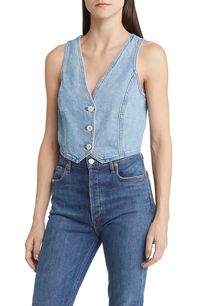 Crafted of cotton-hemp-blend denim, this cropped tank top vest has a V-shaped neckline and buttons down the front. 17 1/2" front length; 16" back length (size 8)   V-neck   51% cotton, 21% recycled cotton, 16% hemp, 12% Tencel® lyocell   Tencel lyocell is a sustainably produced fiber made with closed-loop processing   Machine wash, tumble dry   Imported