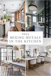 A simple guide to mixing metals in the kitchen, with 2024 to 2025 design trends, ideas and tips for mixing metals with cabinet colors, choosing mixed metal finishes, how to mix chrome, nickel, brass, and black hardware, lighting, or faucets, and more!