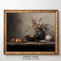 Embrace the timeless beauty of this classic still life digital painting, perfect for adding a touch of elegance and charm to your home. Instantly downloadable, this vintage-inspired artwork features a serene composition of ripe fruits arranged on rustic earthenware, harmoniously balanced with delicate floral accents. The warm, muted tones create a soothing atmosphere that complements any space, making it ideal for your kitchen, dining room, or any area in need of an artistic uplift. Easy to prin