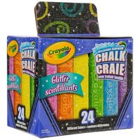 Age Grade: 4+ Care & Safety: Non-Toxic UPC: 071662518301 Quantity: 24 Turn your driveway into a canvas by using this Crayola Glitter Washable Sidewalk Chalk. This chalk comes in a wide range of vibrant colors that have a dazzling finish. They are shaped like crayons with square bodies so they won't roll away from you. The washable formula makes cleaning any chalk from skin and most clothing a breeze. From fun doodles to exciting games like hopscotch, this chalk can keep you entertained for hours!