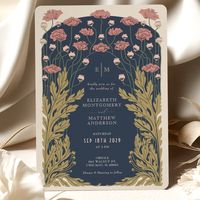 Step back in time and let your guests immerse themselves in the exquisite elegance of this Art Nouveau and Art Deco-inspired wedding invitation. Crafted with delicate attention to the detailed embellishments characteristic of these timeless periods, these vintage-themed florals are a statement of refined sophistication. A harmonious color palette of Navy Blue Pink forms a stunning backdrop, while subtle hints of olive green and rose gold accents complete the dreamy, romantic ambiance. Infused wi