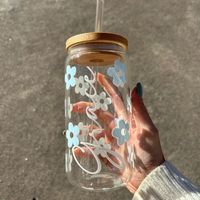 Handmade Customized Drinking Glass With The Word “Grace” And Blue Flowers Brand New! Never Used Comes With Glass, Wood Lid, Glass Straw And Straw Cleaner Does Have Some Sticker-Type Residue Left During Process Of Making And From Shipping Materials See Photos