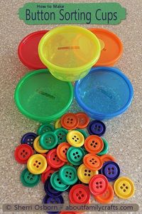 Button Sorting Cups - What a brilliant idea for your toddler/preschooler! Adding this to our collection of activities to promote fine-motor skills and color recognition! ≈≈